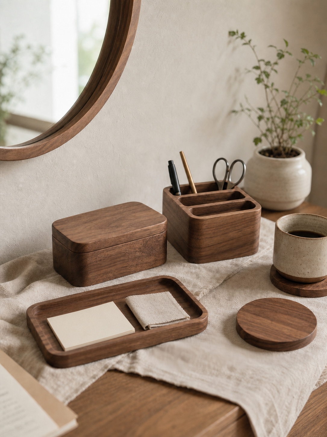 Walnut home goods arranged in a calm room